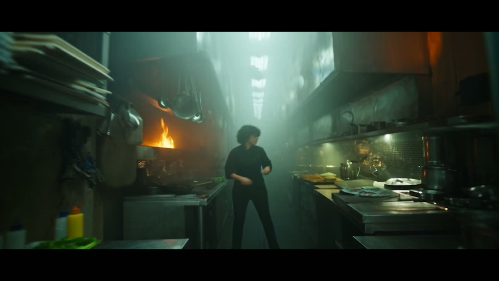 Steam-filled kitchen corridor, open flame