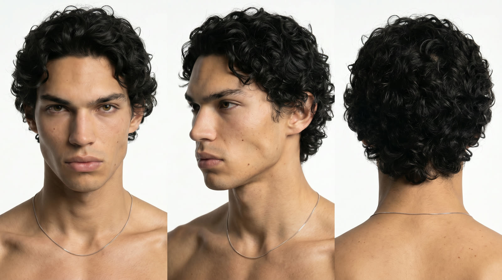 Male persona — three-angle identity sheet